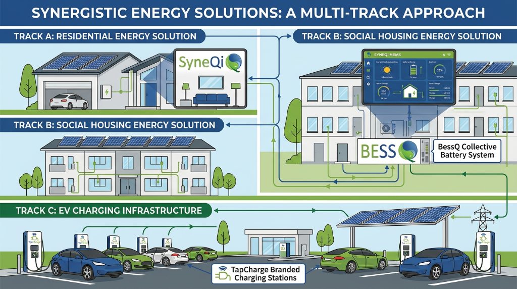 Multi-Track Aanpak: Track A Residentieel, Track B Sociale Huur, Track C Smart Mobility — Smart Energy Hub